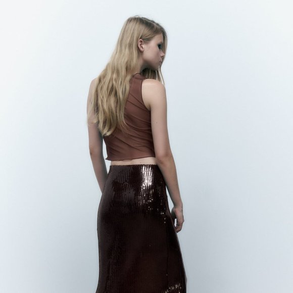 BNWT ZARA SKIRT SET 2 PIECES SEQUIN TULLE TOP AND SKIRT DARK BROWN SMALL - Picture 5 of 6
